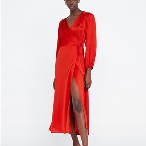 Zara red satin finish dress